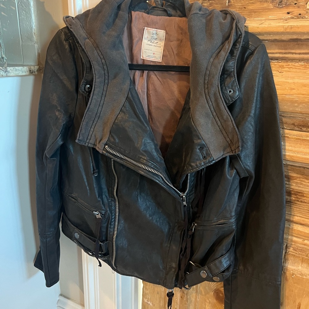 We The Free Charcoal Vegan Leather Jacket with Hood